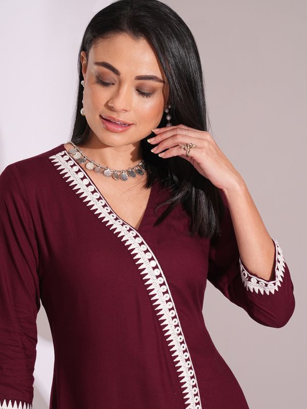 Globus Women Maroon V-Neck Embroidered Lace Details Calf Length A-Line Kurta With Pants Workwear Set