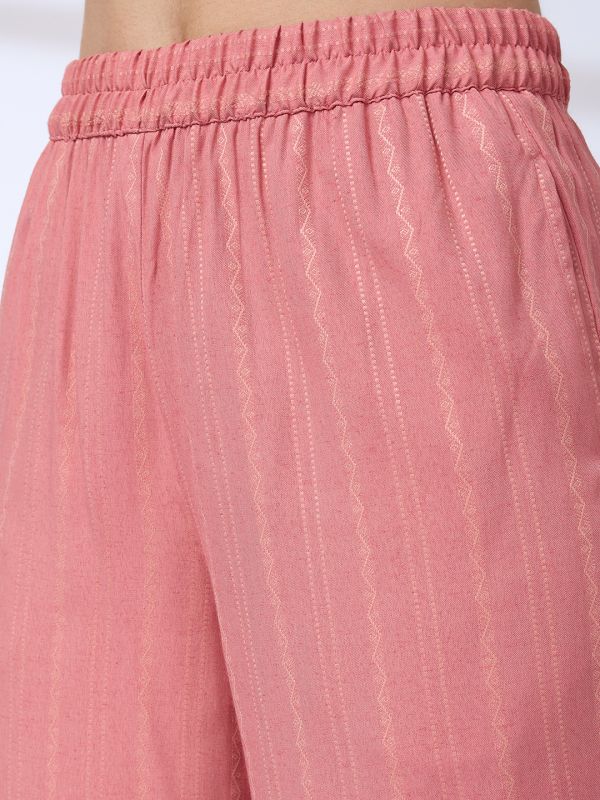 Globus Women Pink Mandarin Collar Woven Design Front Slit A-Line Kurta With Pants Workwear Set