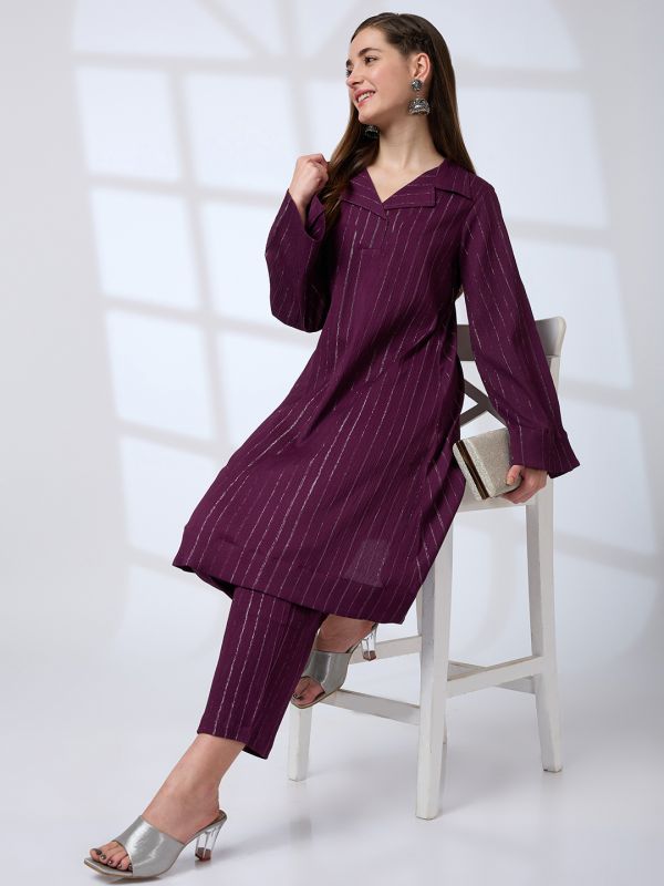 Globus Women Purple Shimmer Woven Design Notched Lapel Bell Sleeves A-Line Kurta With Pants Fusion Set