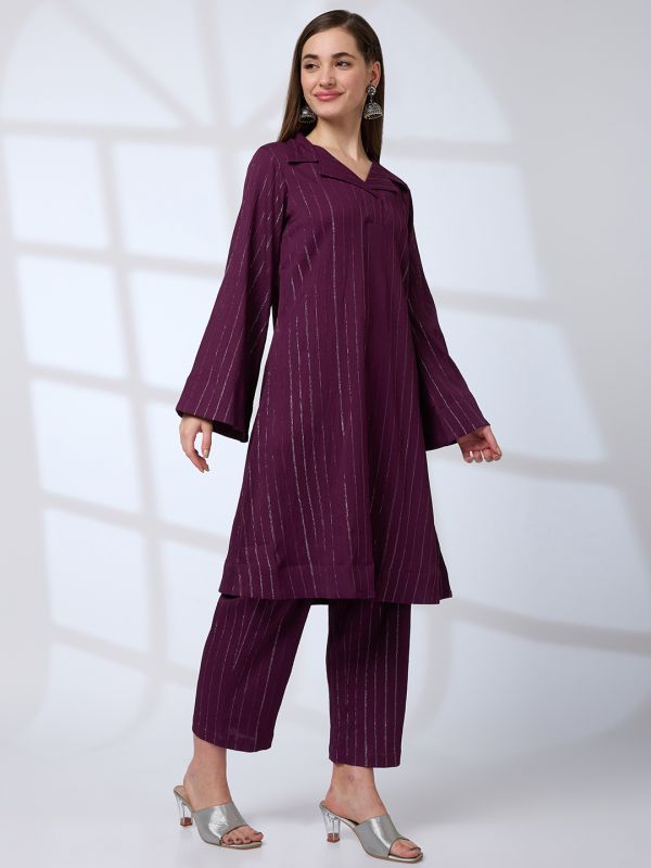 Globus Women Purple Shimmer Woven Design Notched Lapel Bell Sleeves A-Line Kurta With Pants Fusion Set