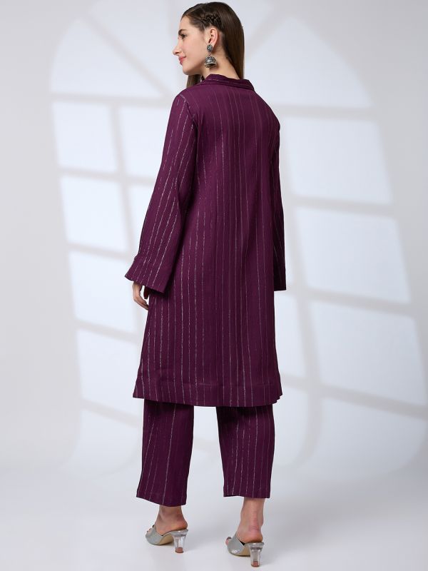 Globus Women Purple Shimmer Woven Design Notched Lapel Bell Sleeves A-Line Kurta With Pants Fusion Set