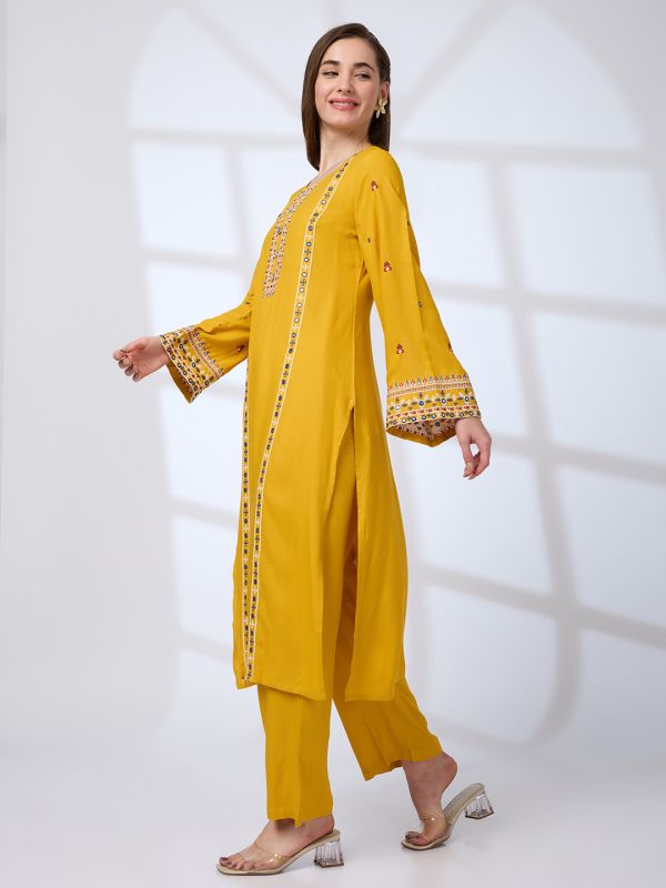Globus Women Mustard Round Neck Bell Sleeves Embroidered A-Line Kurta With Straight Pants Festive Set