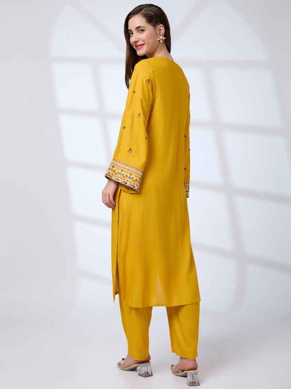 Globus Women Mustard Round Neck Bell Sleeves Embroidered A-Line Kurta With Straight Pants Festive Set