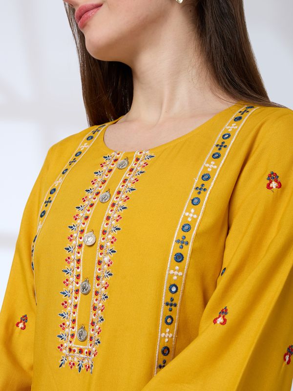 Globus Women Mustard Round Neck Bell Sleeves Embroidered A-Line Kurta With Straight Pants Festive Set