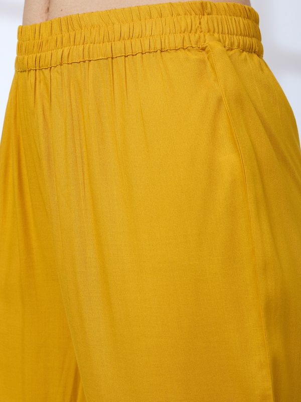 Globus Women Mustard Round Neck Bell Sleeves Embroidered A-Line Kurta With Straight Pants Festive Set