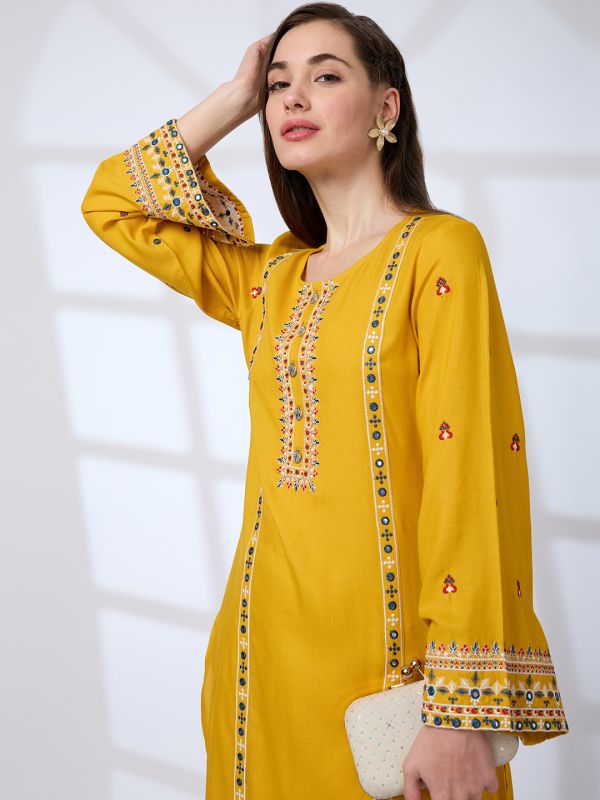 Globus Women Mustard Round Neck Bell Sleeves Embroidered A-Line Kurta With Straight Pants Festive Set