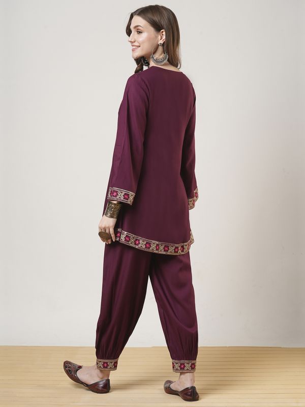 Globus Women Maroon Embroidered Yoke Bell Sleeves Tunic & Elasticated Waist Afghani Pant Fusion Co-Ord Set