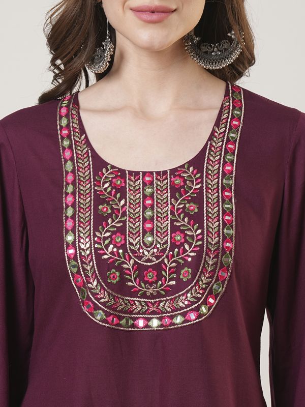 Globus Women Maroon Embroidered Yoke Bell Sleeves Tunic & Elasticated Waist Afghani Pant Fusion Co-Ord Set