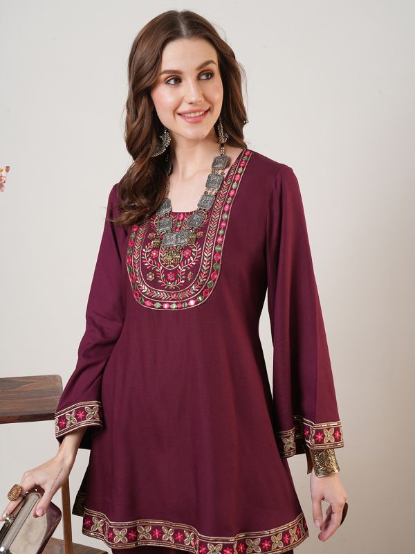 Globus Women Maroon Embroidered Yoke Bell Sleeves Tunic & Elasticated Waist Afghani Pant Fusion Co-Ord Set