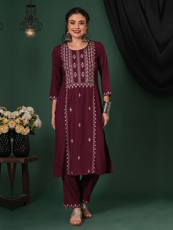 Globus Women Purple Embroidered Yoke Calf Length Straight Kurta & Pants Ethnic Set