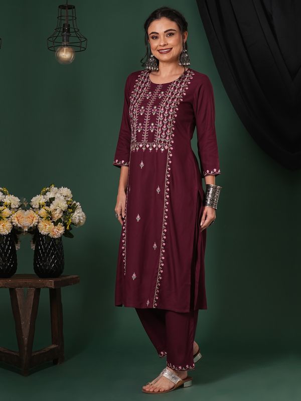 Globus Women Purple Embroidered Yoke Calf Length Straight Kurta & Pants Ethnic Set