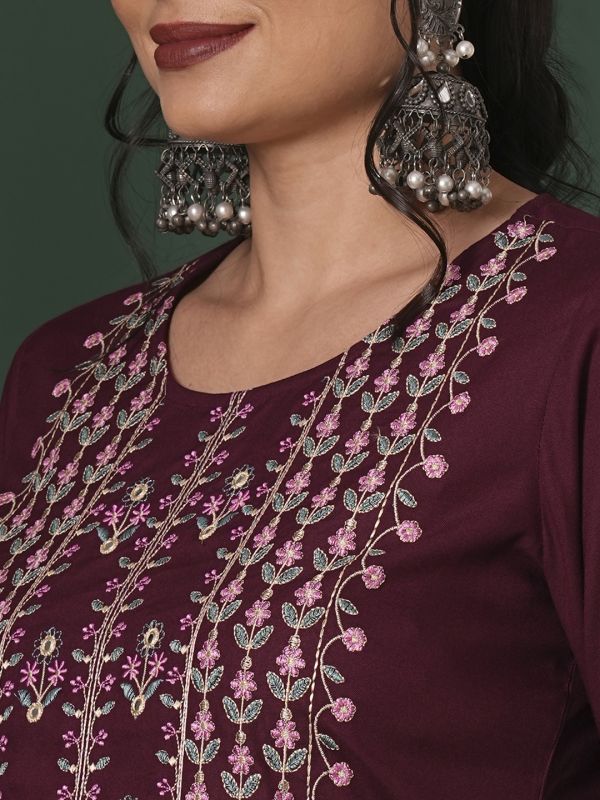 Globus Women Purple Embroidered Yoke Calf Length Straight Kurta & Pants Ethnic Set
