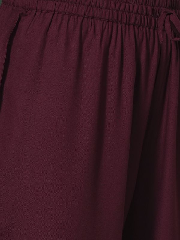Globus Women Purple Embroidered Yoke Calf Length Straight Kurta & Pants Ethnic Set