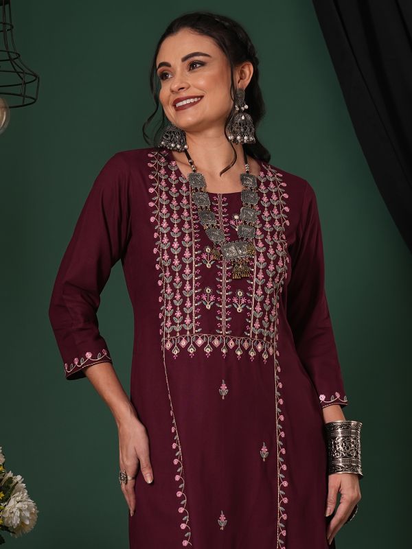 Globus Women Purple Embroidered Yoke Calf Length Straight Kurta & Pants Ethnic Set