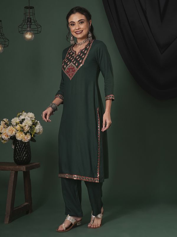 Globus Women Teal Sequinned Embroidered Yoke Calf Length Straight Kurta & Pants Ethnic Set