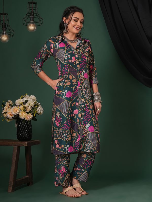 Globus Women Green Abstract Printed Shirt Collar Calf Length Straight Kurta & Pants Fusion Set