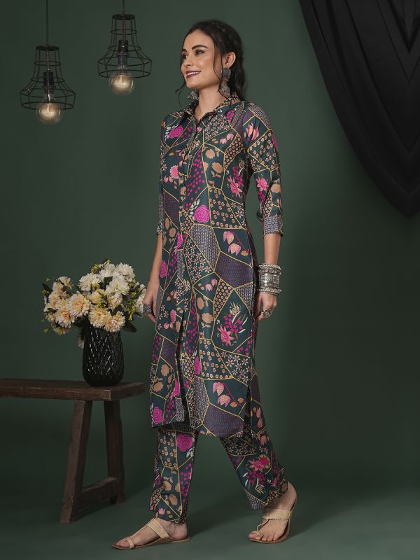 Globus Women Green Abstract Printed Shirt Collar Calf Length Straight Kurta & Pants Fusion Set