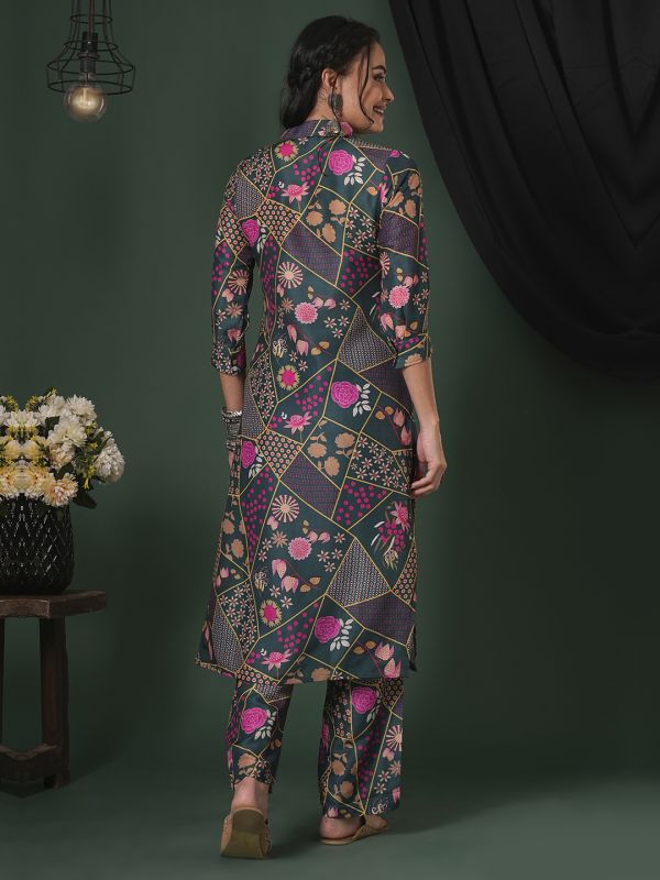 Globus Women Green Abstract Printed Shirt Collar Calf Length Straight Kurta & Pants Fusion Set