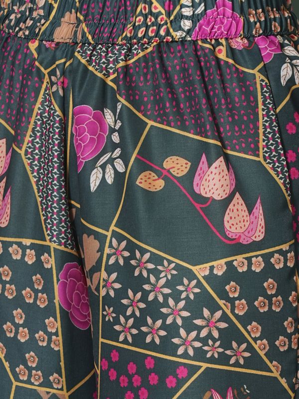 Globus Women Green Abstract Printed Shirt Collar Calf Length Straight Kurta & Pants Fusion Set