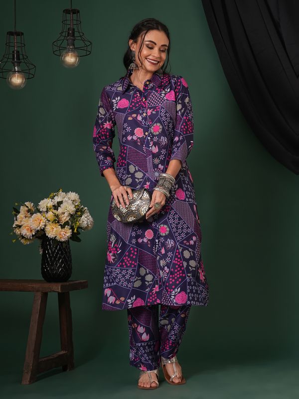 Globus Women Purple Abstract Printed Shirt Collar Calf Length Straight Kurta & Pants Fusion Set