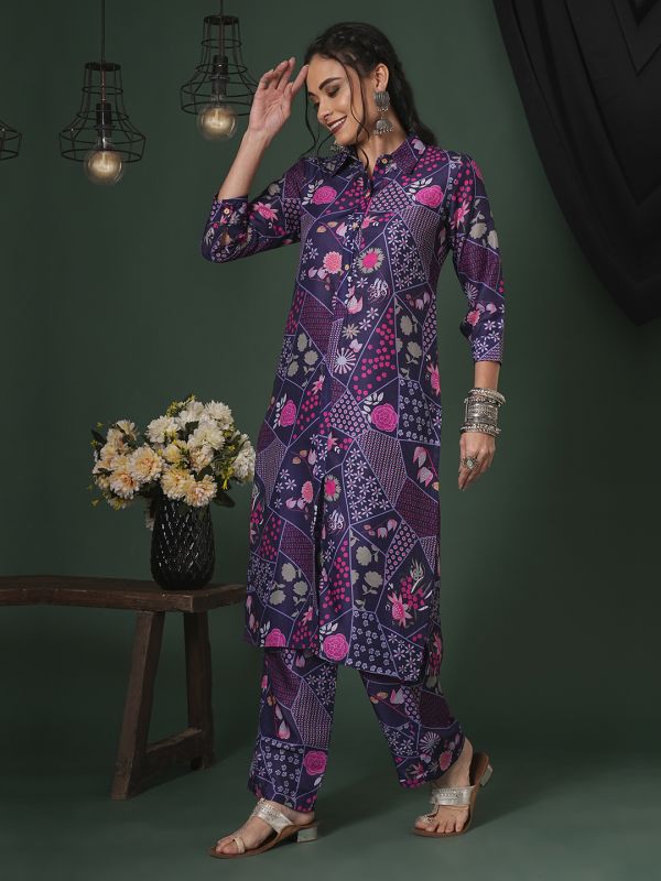 Globus Women Purple Abstract Printed Shirt Collar Calf Length Straight Kurta & Pants Fusion Set