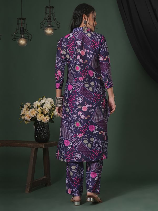 Globus Women Purple Abstract Printed Shirt Collar Calf Length Straight Kurta & Pants Fusion Set