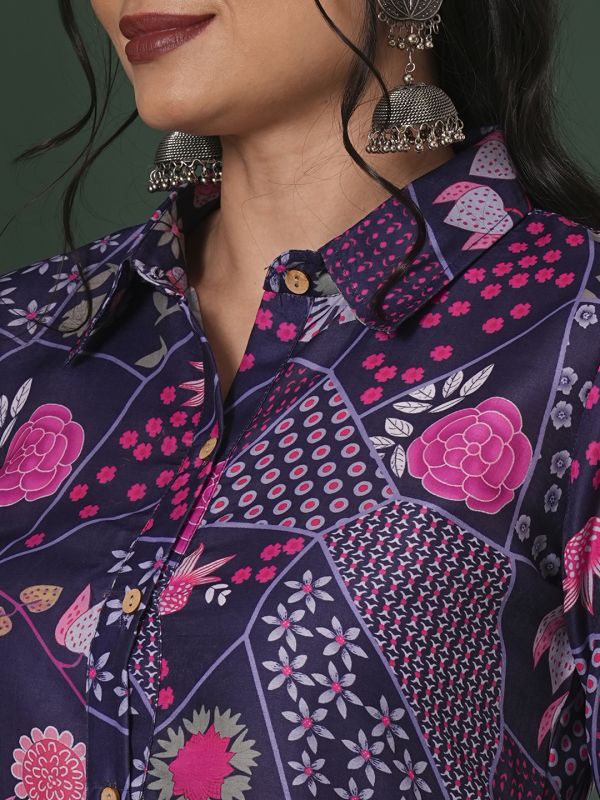 Globus Women Purple Abstract Printed Shirt Collar Calf Length Straight Kurta & Pants Fusion Set