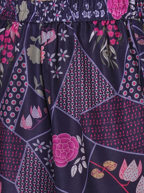 Globus Women Purple Abstract Printed Shirt Collar Calf Length Straight Kurta & Pants Fusion Set