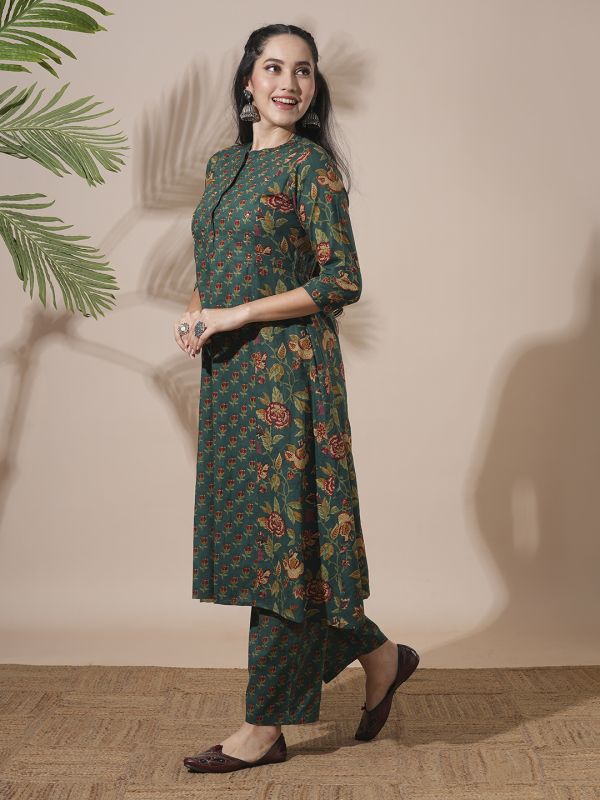 Globus Women Green Floral Print Mandarin Neck Panelled A-Line Kurta With Elasticated Waist Pant Workwear Sets
