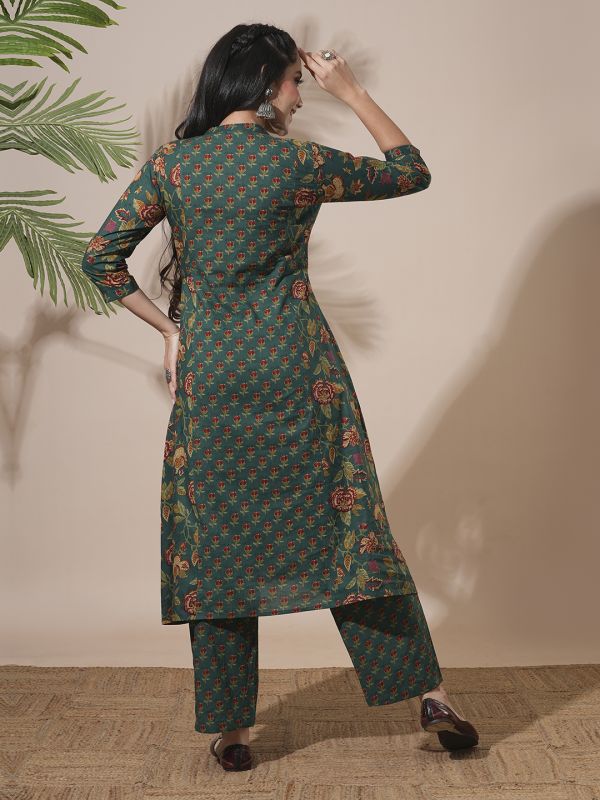 Globus Women Green Floral Print Mandarin Neck Panelled A-Line Kurta With Elasticated Waist Pant Workwear Sets