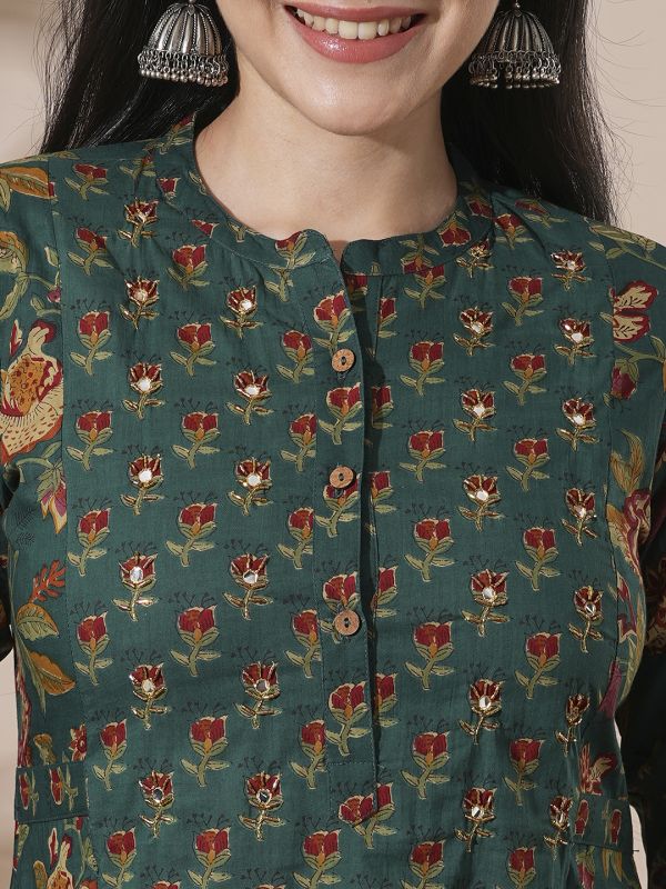 Globus Women Green Floral Print Mandarin Neck Panelled A-Line Kurta With Elasticated Waist Pant Workwear Sets