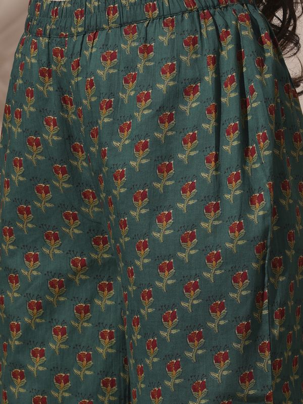 Globus Women Green Floral Print Mandarin Neck Panelled A-Line Kurta With Elasticated Waist Pant Workwear Sets
