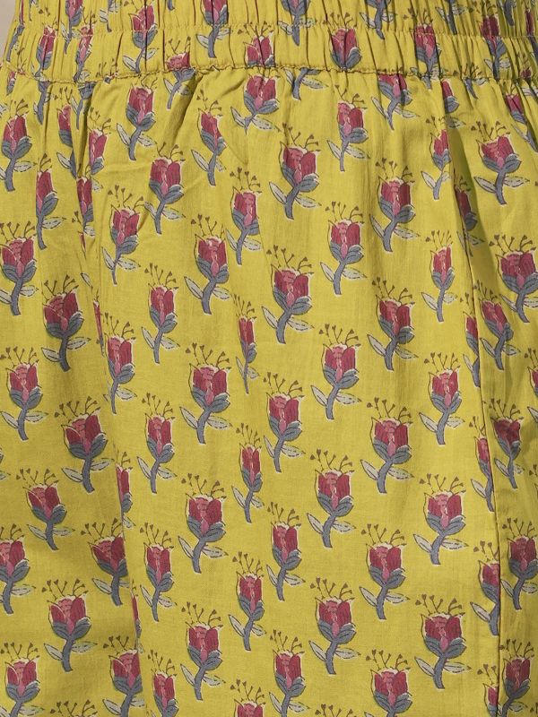 Globus Women Yellow Floral Print Mandarin Neck Panelled A-Line Kurta With Elasticated Waist Pant Workwear Sets