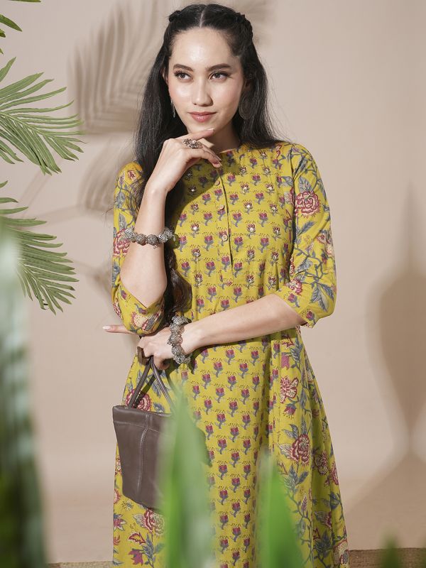 Globus Women Yellow Floral Print Mandarin Neck Panelled A-Line Kurta With Elasticated Waist Pant Workwear Sets