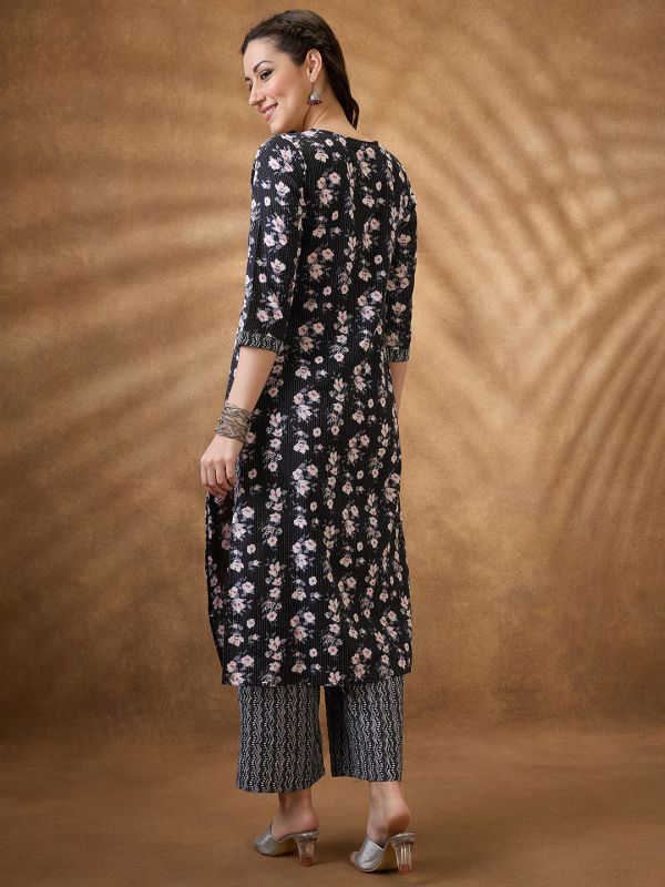 Globus Women Black Keyhole Neck Floral Print Gotta Lace Straight Kurta & Wide Leg Pants Workwear Set