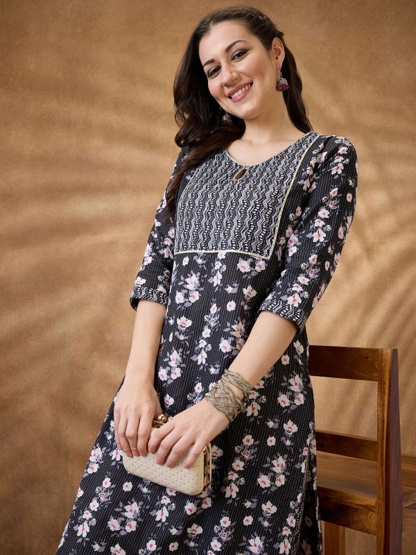 Globus Women Black Keyhole Neck Floral Print Gotta Lace Straight Kurta & Wide Leg Pants Workwear Set