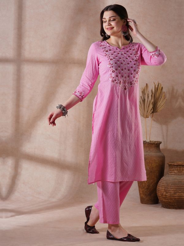 Globus Women Pink Floral Embroidered Yoke Straight Kurta With Pants Festive Set