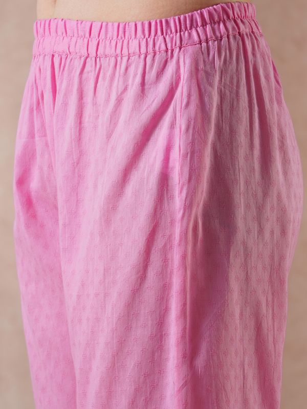 Globus Women Pink Floral Embroidered Yoke Straight Kurta With Pants Festive Set