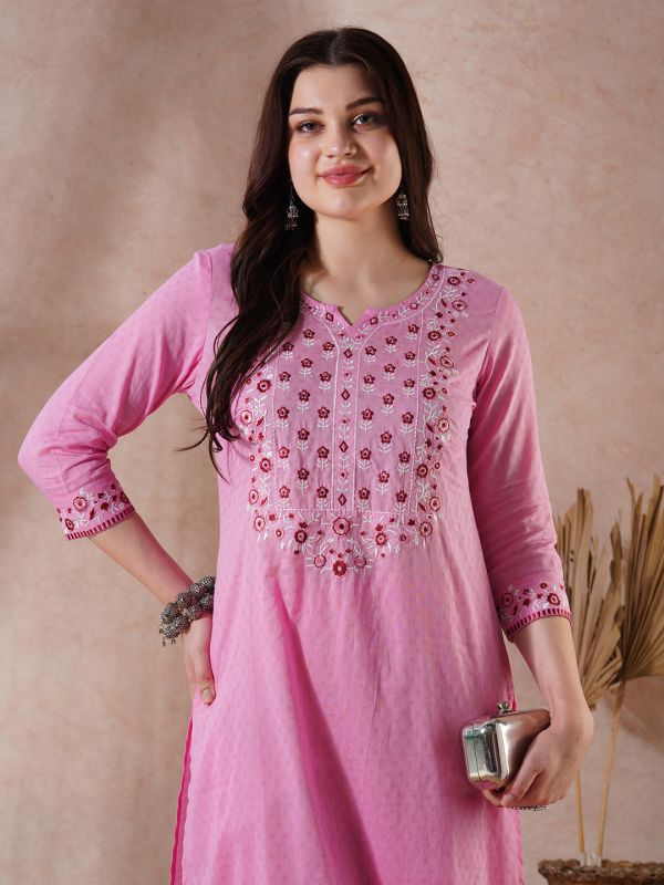 Globus Women Pink Floral Embroidered Yoke Straight Kurta With Pants Festive Set
