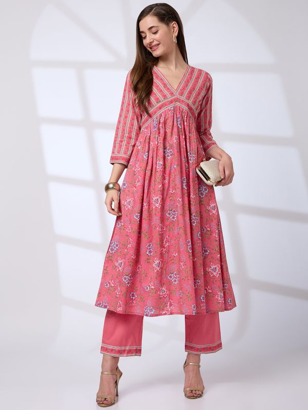 Globus Women Pink V-Neck Floral Print Pleated Alia Cut A-Line Kurta With Pants Workwear Set