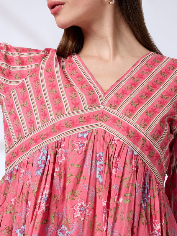 Globus Women Pink V-Neck Floral Print Pleated Alia Cut A-Line Kurta With Pants Workwear Set
