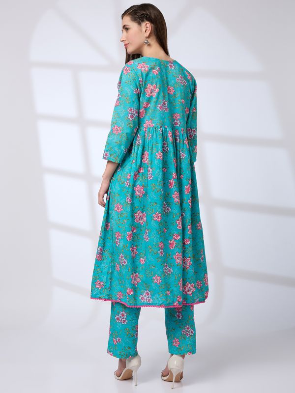 Globus Women Blue Pom Pom Lace V-Neck Floral Print Pleated A-Line Kurta With Pants Workwear Set