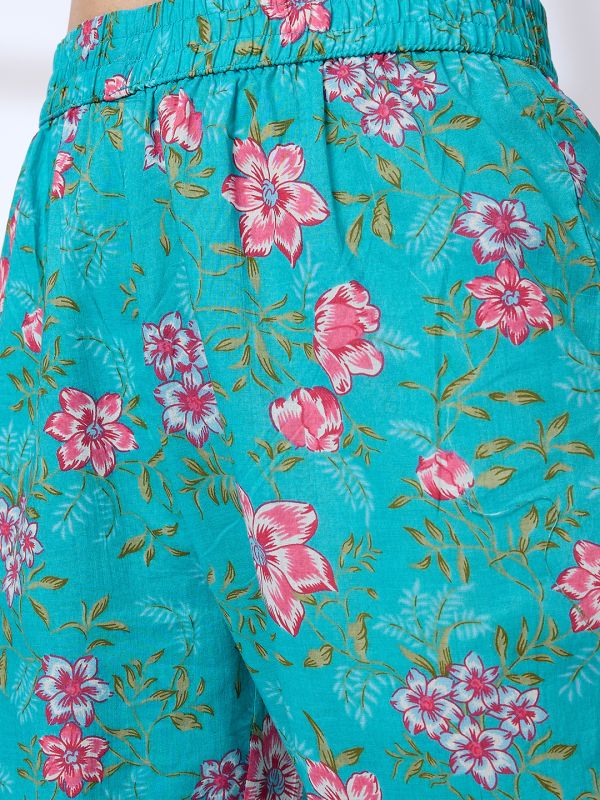 Globus Women Blue Pom Pom Lace V-Neck Floral Print Pleated A-Line Kurta With Pants Workwear Set