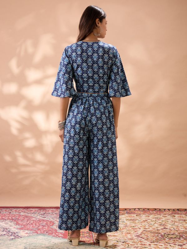 Globus Women Navy Blue Ethnic Print V-Neck Flared Sleeves Crop Top with Wide Leg Trousers Co-Ord Set