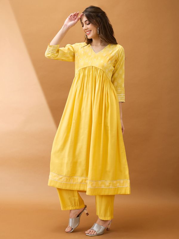 Globus Women Yellow Mirror Work V-Neck Gotta Lace Pleated Flared Hem A-Line Kurta With Pant Set