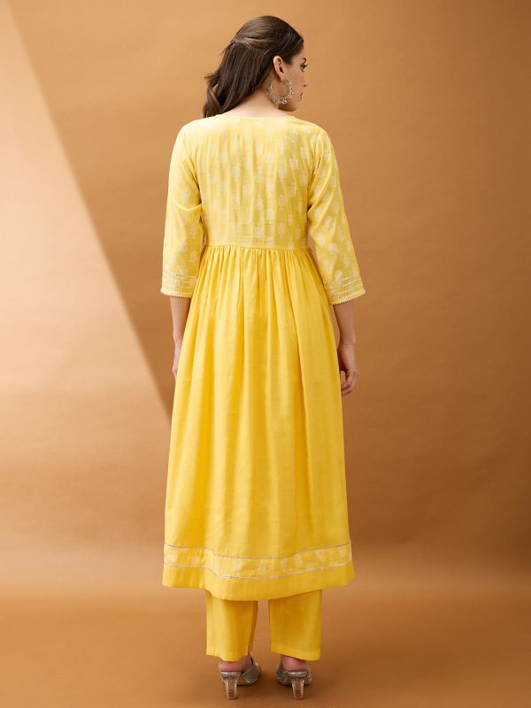 Globus Women Yellow Mirror Work V-Neck Gotta Lace Pleated Flared Hem A-Line Kurta With Pant Set