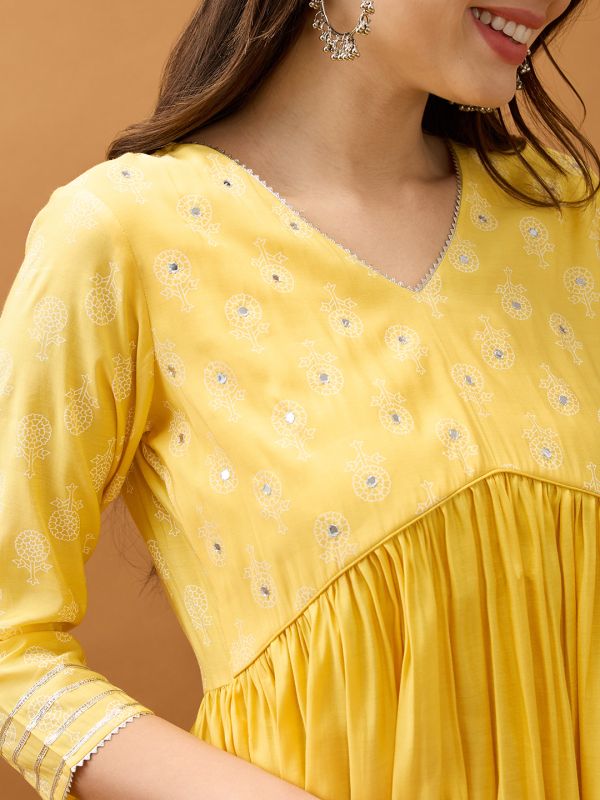 Globus Women Yellow Mirror Work V-Neck Gotta Lace Pleated Flared Hem A-Line Kurta With Pant Set
