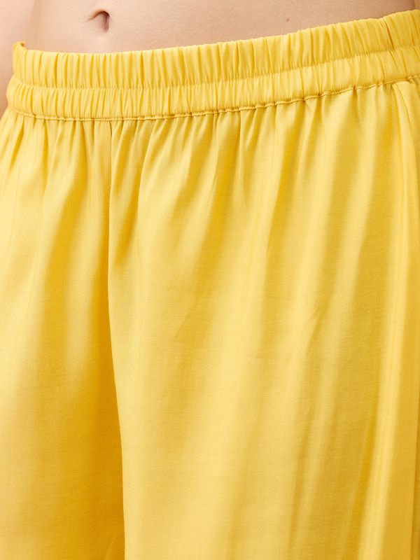Globus Women Yellow Mirror Work V-Neck Gotta Lace Pleated Flared Hem A-Line Kurta With Pant Set