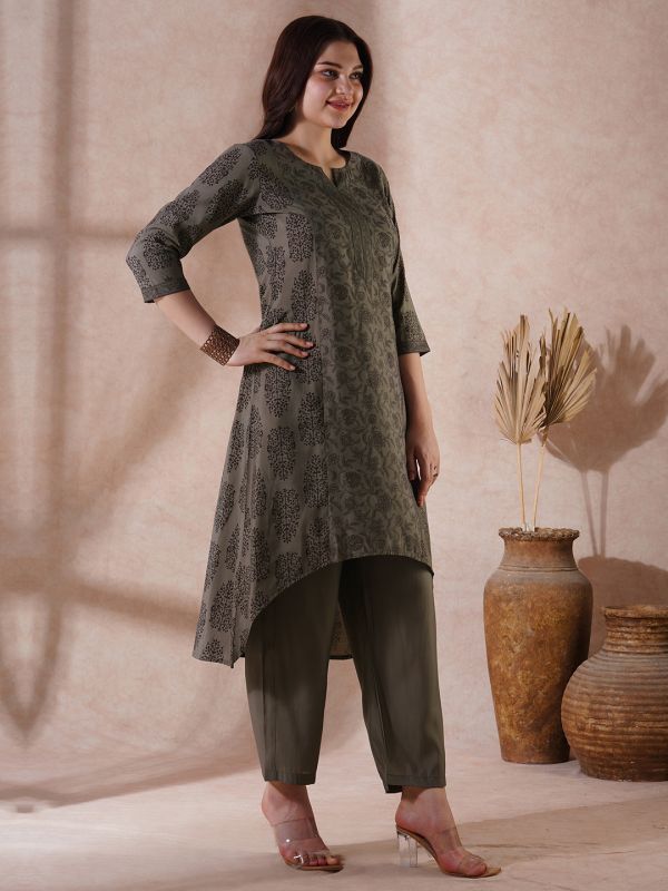 Globus Women Grey Round Neck Allover Floral Print High-Low Hem A-Line Kurta With Pants Festive Set
