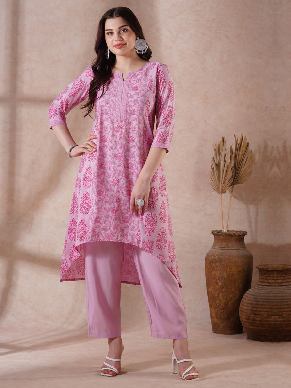 Globus Women Pink Round Neck Allover Floral Print High-Low Hem A-Line Kurta With Pants Festive Set